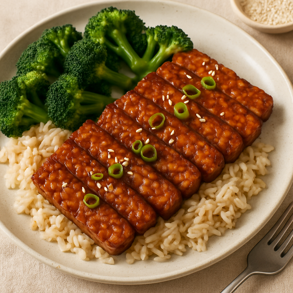 A plate of sliced, glazed tempeh served over brown rice with steamed broccoli, garnished with sesame seeds and sliced green onions.
