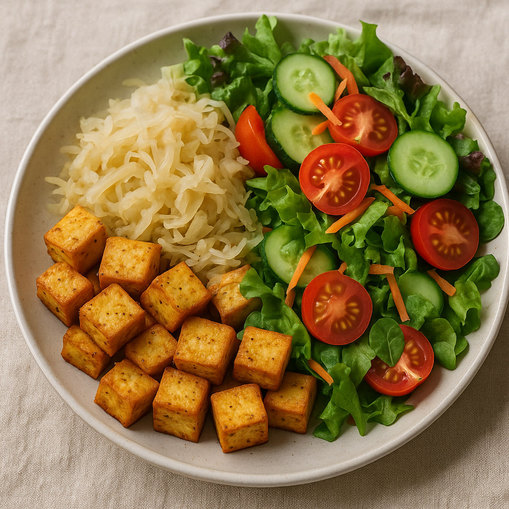 A white ceramic plate featuring crispy golden tofu cubes, a portion of pale sauerkraut, and a vibrant fresh salad with cherry tomatoes, cucumber slices, shredded carrot, and leafy greens, arranged neatly for a balanced vegan meal.