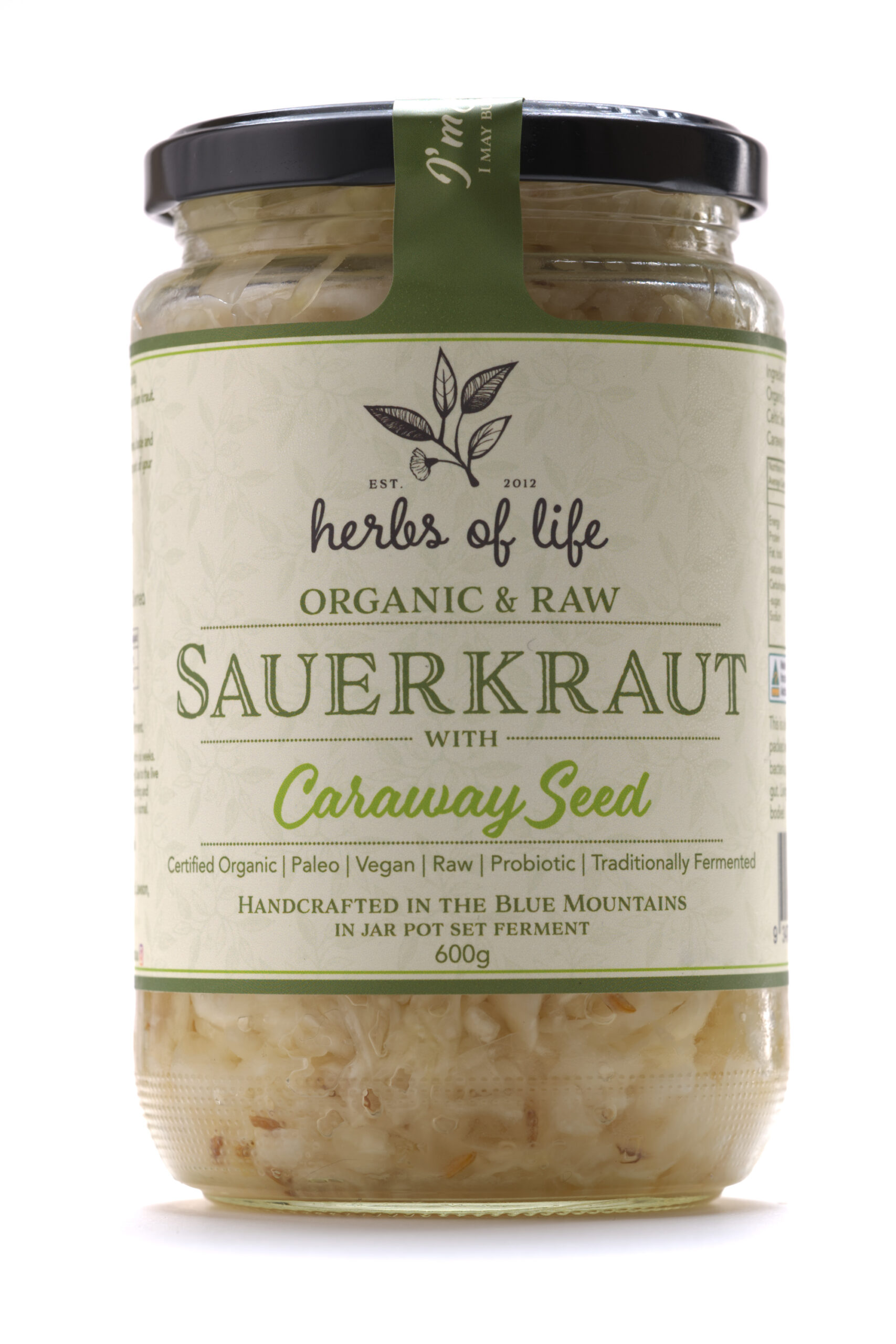 Herbs of Life Green Cabbage Sauerkraut with Caraway Seed 600gm on a white background.